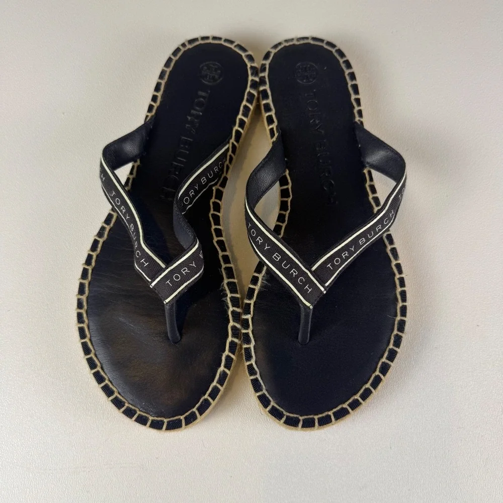 Tory Burch Ribbon Thong Espadrille Flip Flop Sandals Womens Perfect Navy Size 6 - Picture 7 of 8